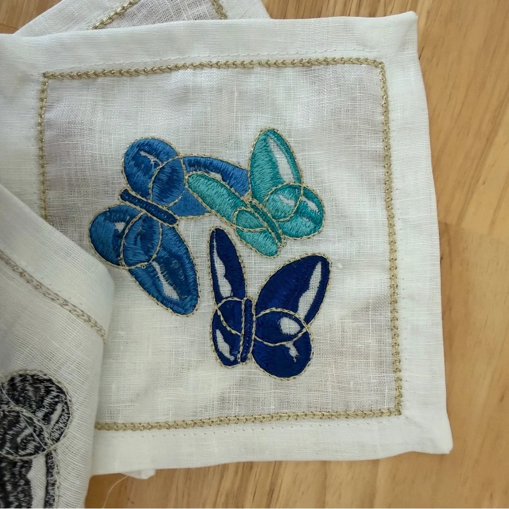 Kim Seybert White Cocktail Napkins with Multicolor Embroidered Butterflies - Picture 8 of 12